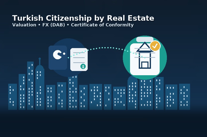 Illustration: Turkish citizenship by real estate — passport and FX document linking to a clipboard with house and conformity check over Istanbul skyline