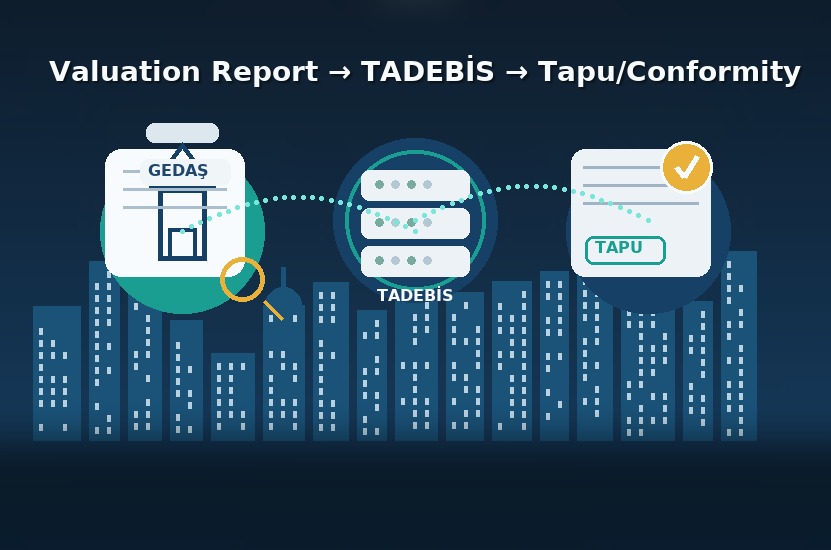 Property valuation report workflow for foreign buyers in Turkey—GEDAŞ to TADEBİS to Tapu/conformity with approval badge